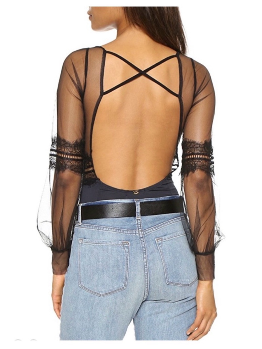 For Love & Lemons Anika Teddy Bodysuit Black Sheer Lace V-Neck NWT size small - Picture 3 of 8